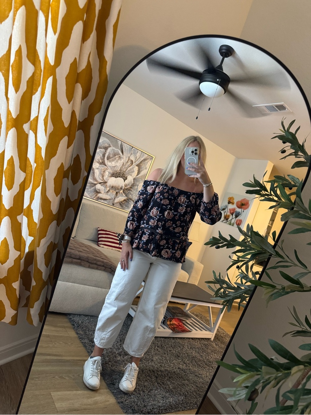 American Eagle Outfitters Navy Floral Off-Shoulder Top